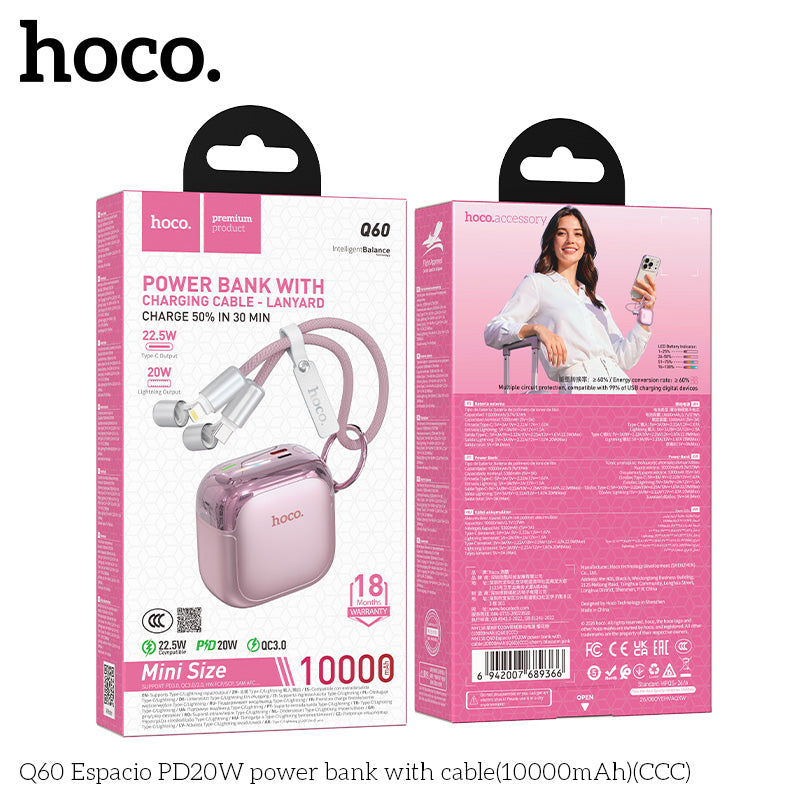 Hoco Q60 10000mAh PD20W / 22.5W Fast Charging Power Bank with Built-in Cable