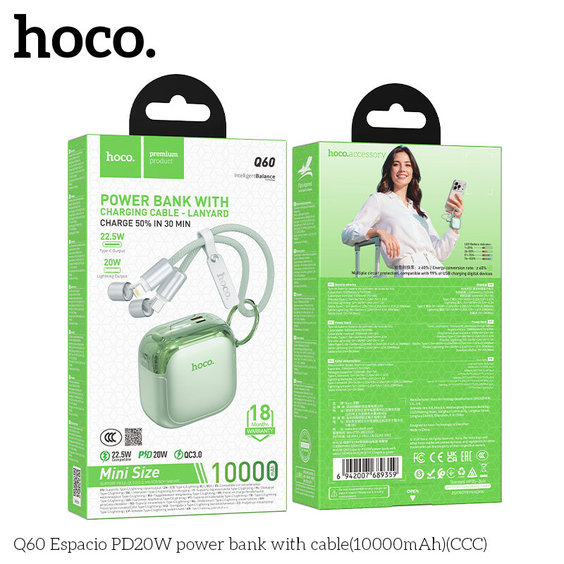 Hoco Q60 10000mAh PD20W / 22.5W Fast Charging Power Bank with Built-in Cable