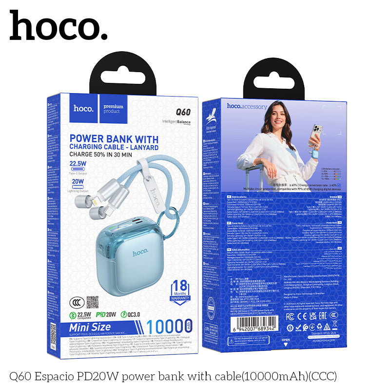 Hoco Q60 10000mAh PD20W / 22.5W Fast Charging Power Bank with Built-in Cable