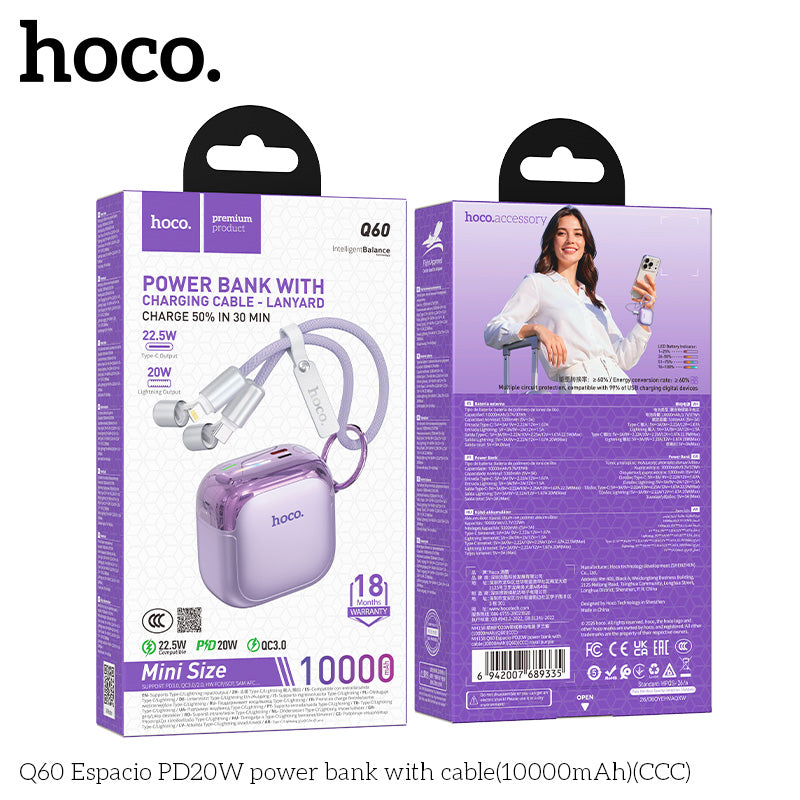 Hoco Q60 10000mAh PD20W / 22.5W Fast Charging Power Bank with Built-in Cable
