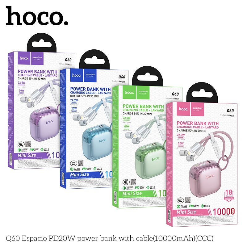 Hoco Q60 10000mAh PD20W / 22.5W Fast Charging Power Bank with Built-in Cable