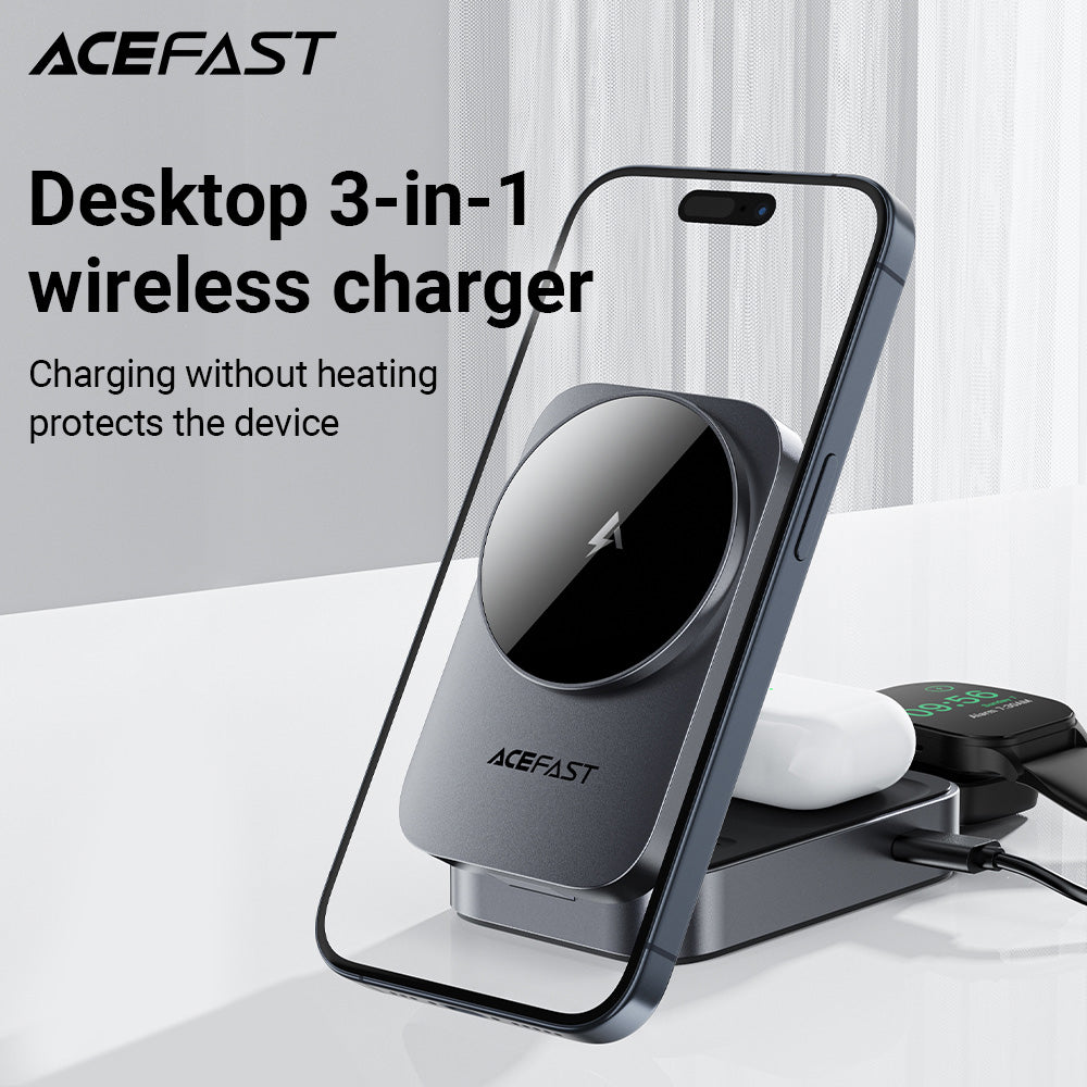 ACEFAST E22 Desktop 3-in-1 Wireless Charging Holder -Metallic Gray