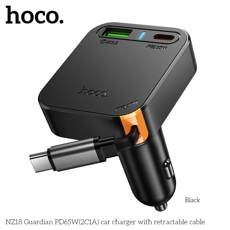 Hoco NZ18 65W 2C1A Fast Car Charger with Retractable USB-C Cable