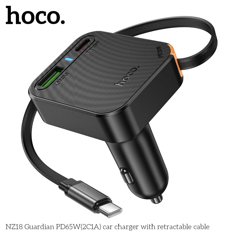 Hoco NZ18 65W 2C1A Fast Car Charger with Retractable USB-C Cable