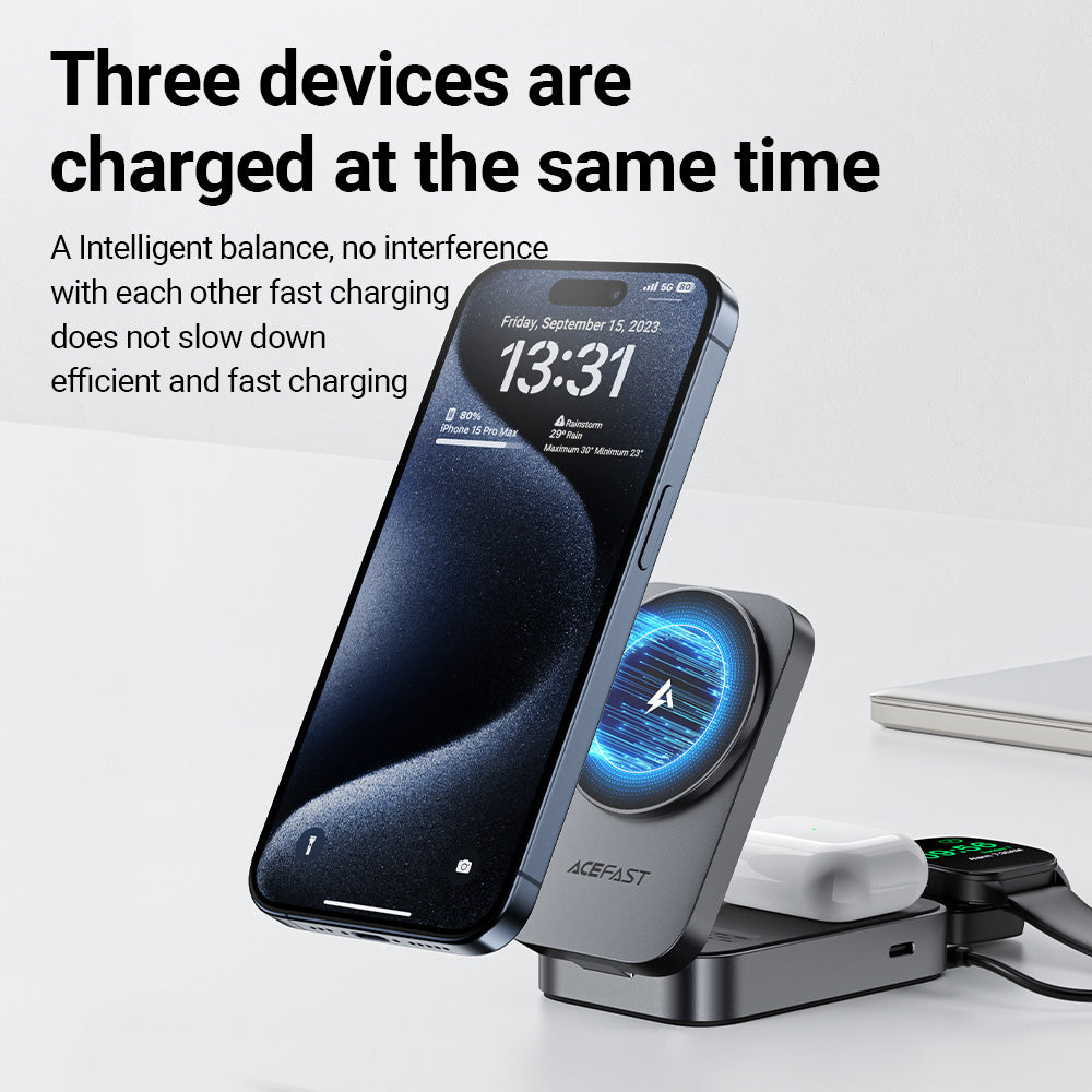 ACEFAST E22 Desktop 3-in-1 Wireless Charging Holder -Metallic Gray