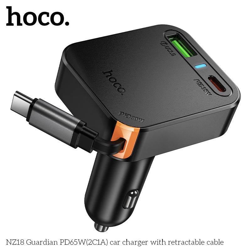 Hoco NZ18 65W 2C1A Fast Car Charger with Retractable USB-C Cable