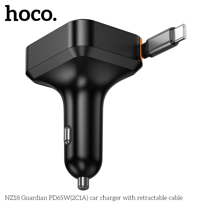 Hoco NZ18 65W 2C1A Fast Car Charger with Retractable USB-C Cable