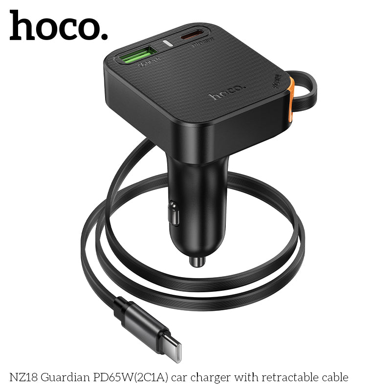Hoco NZ18 65W 2C1A Fast Car Charger with Retractable USB-C Cable