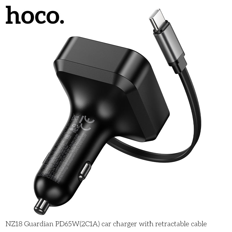 Hoco NZ18 65W 2C1A Fast Car Charger with Retractable USB-C Cable
