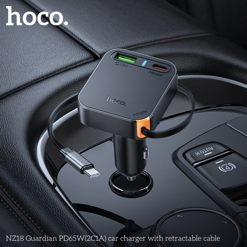 Hoco NZ18 65W 2C1A Fast Car Charger with Retractable USB-C Cable