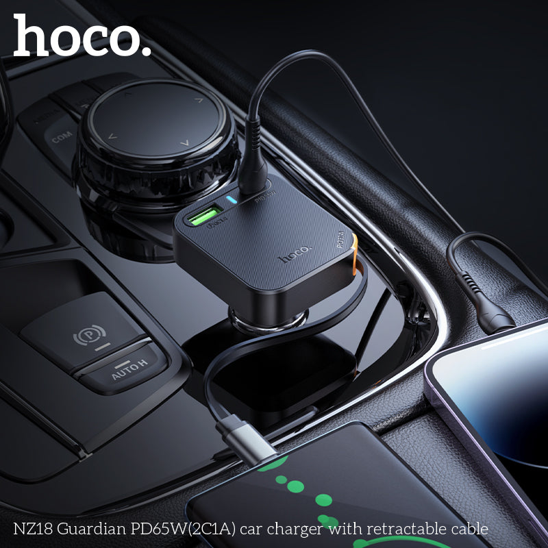 Hoco NZ18 65W 2C1A Fast Car Charger with Retractable USB-C Cable