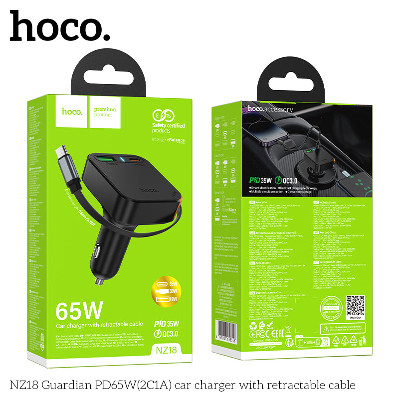 Hoco NZ18 65W 2C1A Fast Car Charger with Retractable USB-C Cable