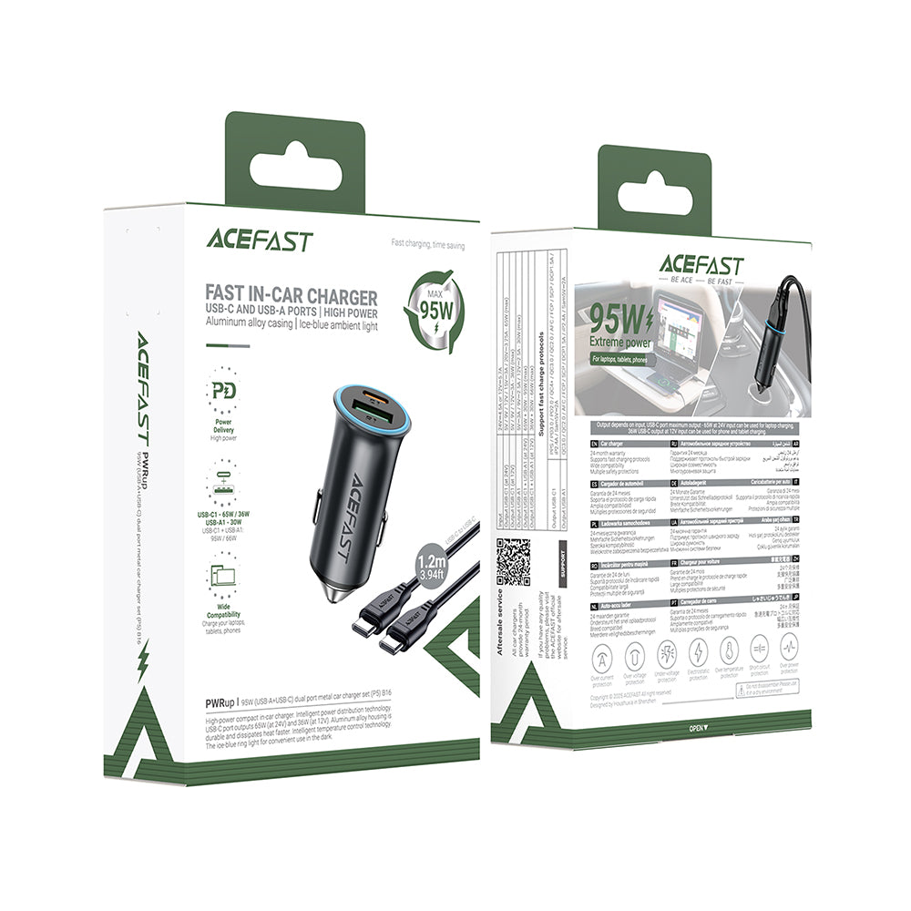 ACEFAST B16 95W Dual Port Metal Car Charger Set (P5) -Metallic Gray