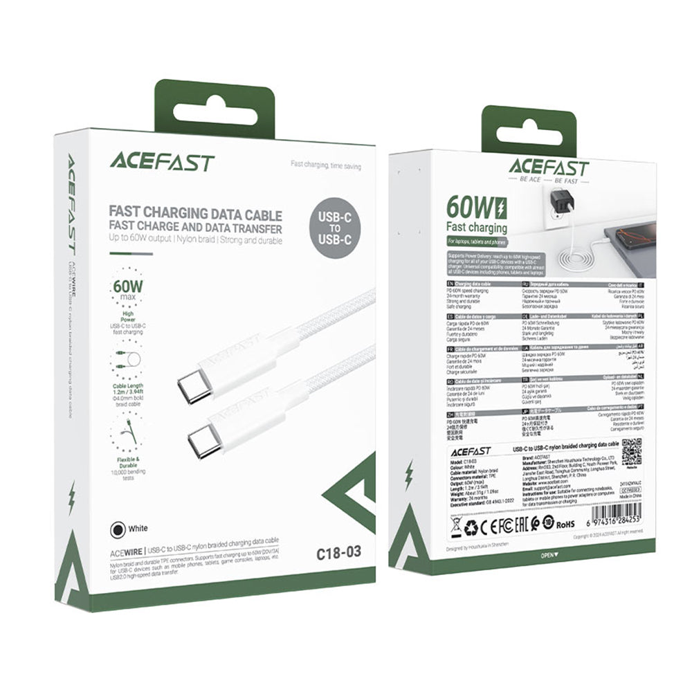 ACEFAST C18-03 USB-C to USB-C Nylon Braid Charging Data Cable -White