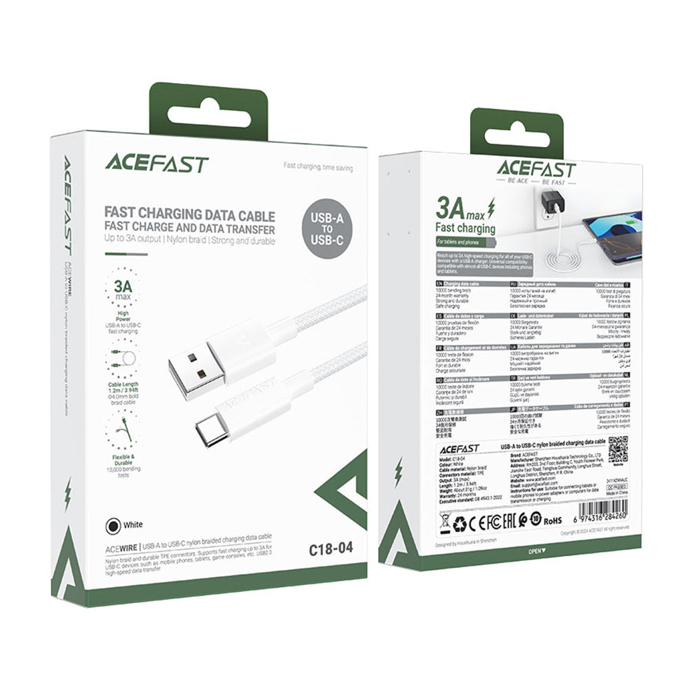 ACEFAST C18-04 USB-A to USB-C Nylon Braid Charging Data Cable -White