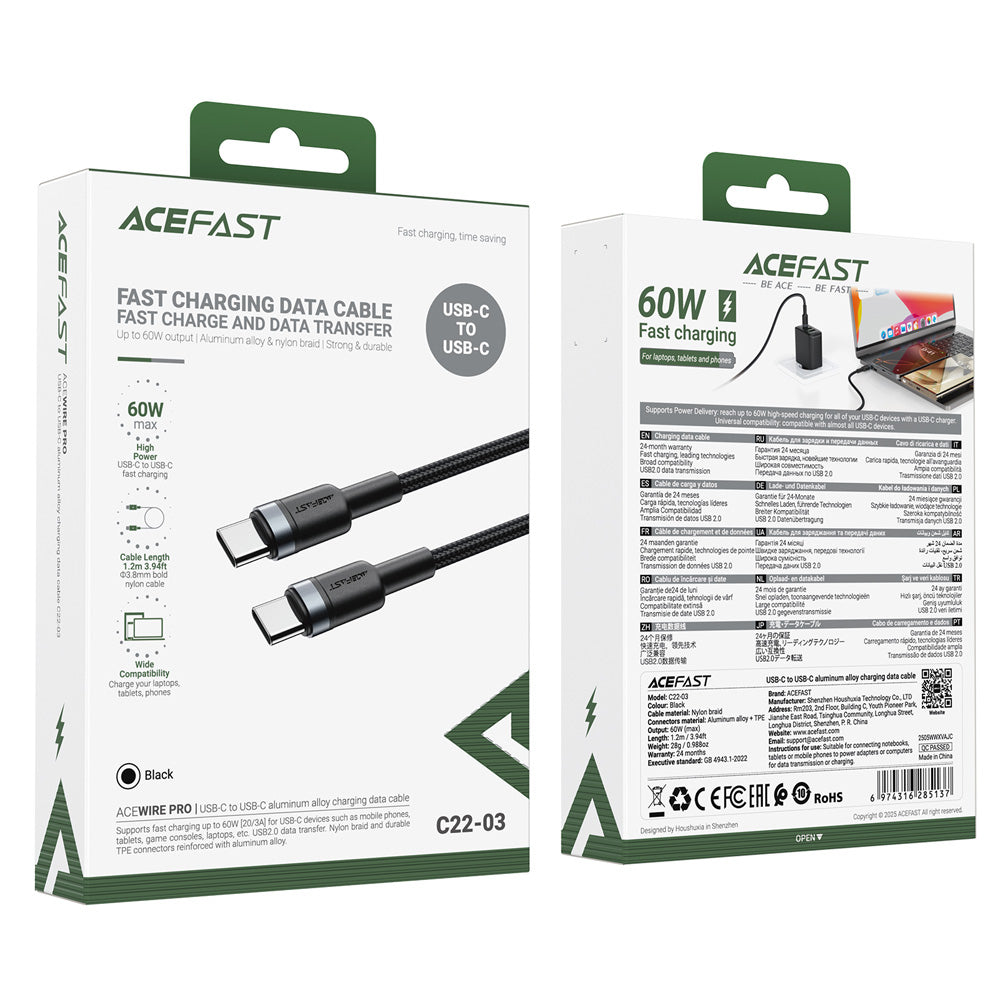 ACEFAST C22-03 USB-C to USB-C Aluminum Alloy Charging Data Cable -Black