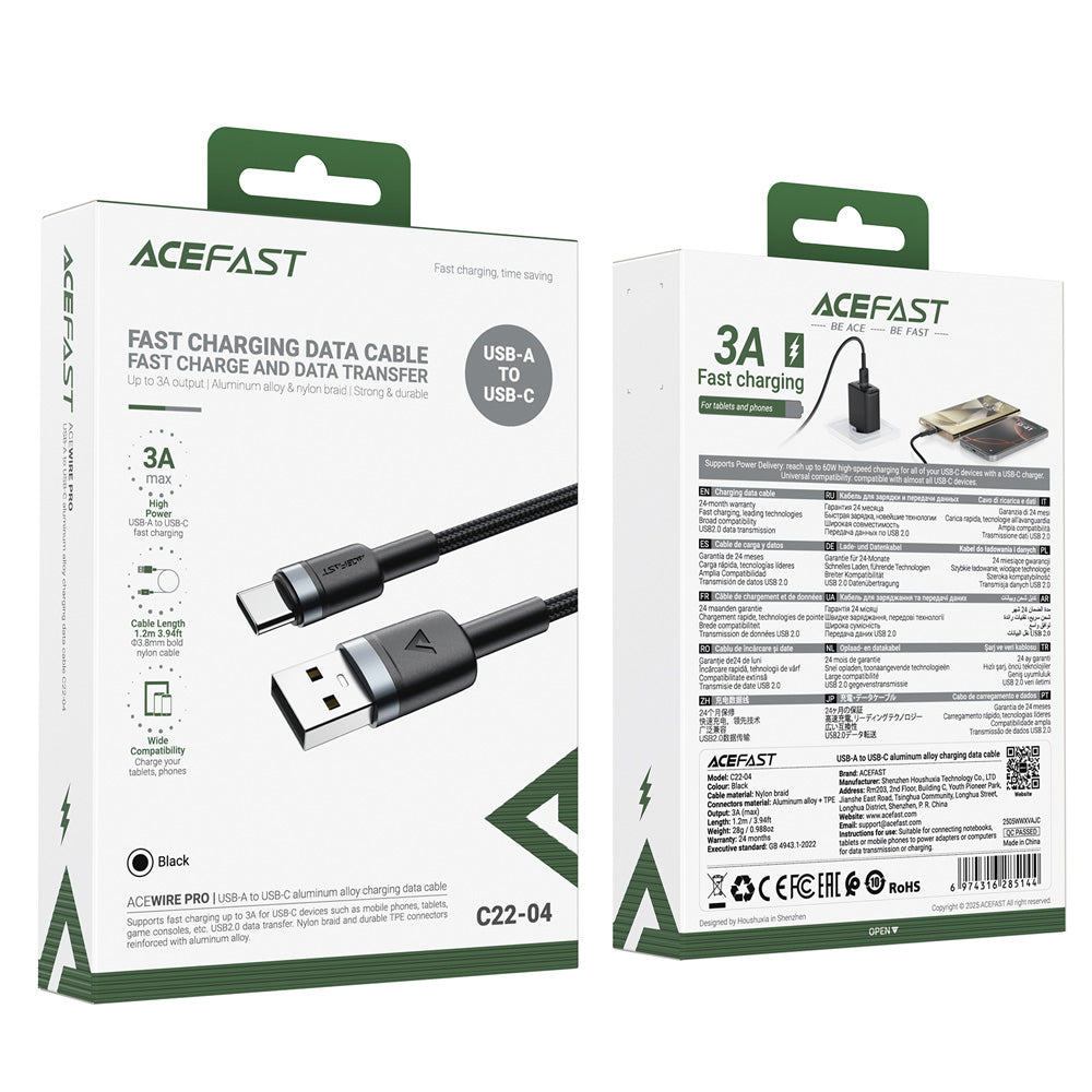 ACEFAST C22-04 USB-A to USB-C Aluminum Alloy Charging Data Cable -Black