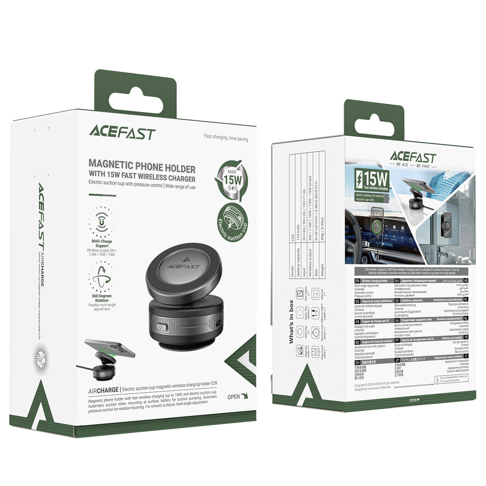 ACEFAST E29 Electric Suction Cup Magnetic Wireless Charging Holder -Metallic Gray