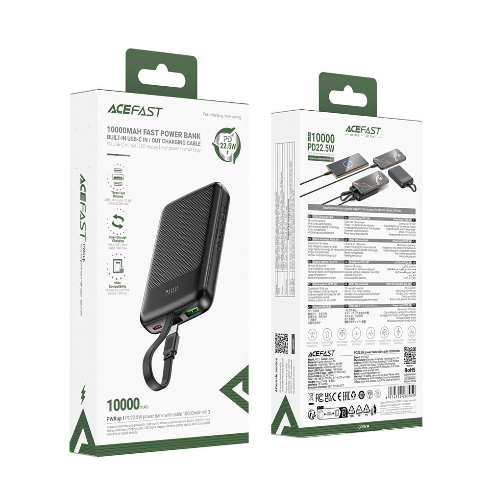 ACEFAST M13 Fast Charge Power Bank With Cable PD22.5W 10000mAh -Black