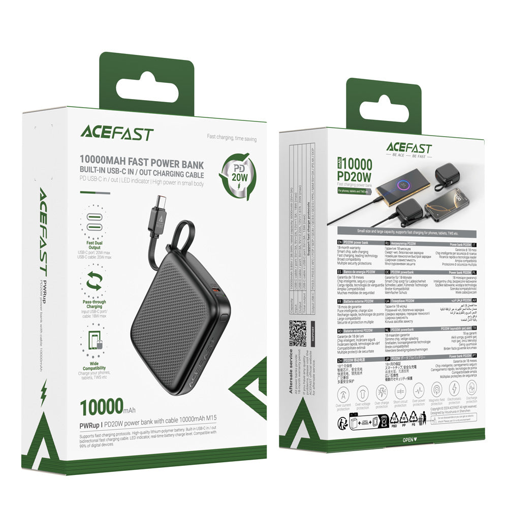 ACEFAST M15 Fast Charging Power Bank With Cable PD20W 10000mAh -Black