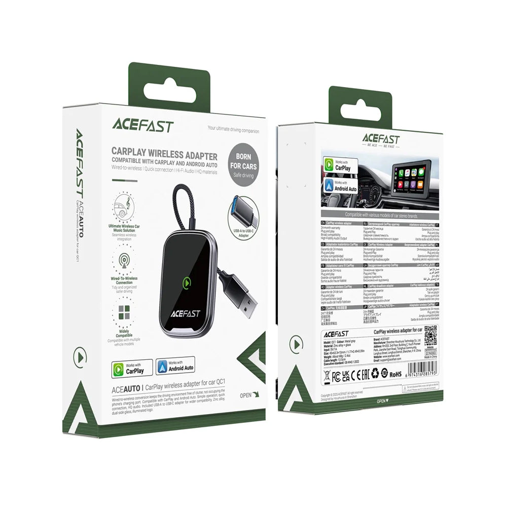 ACEFAST QC1 Wireless USB-A Adapter for CarPlay -Metallic Gray