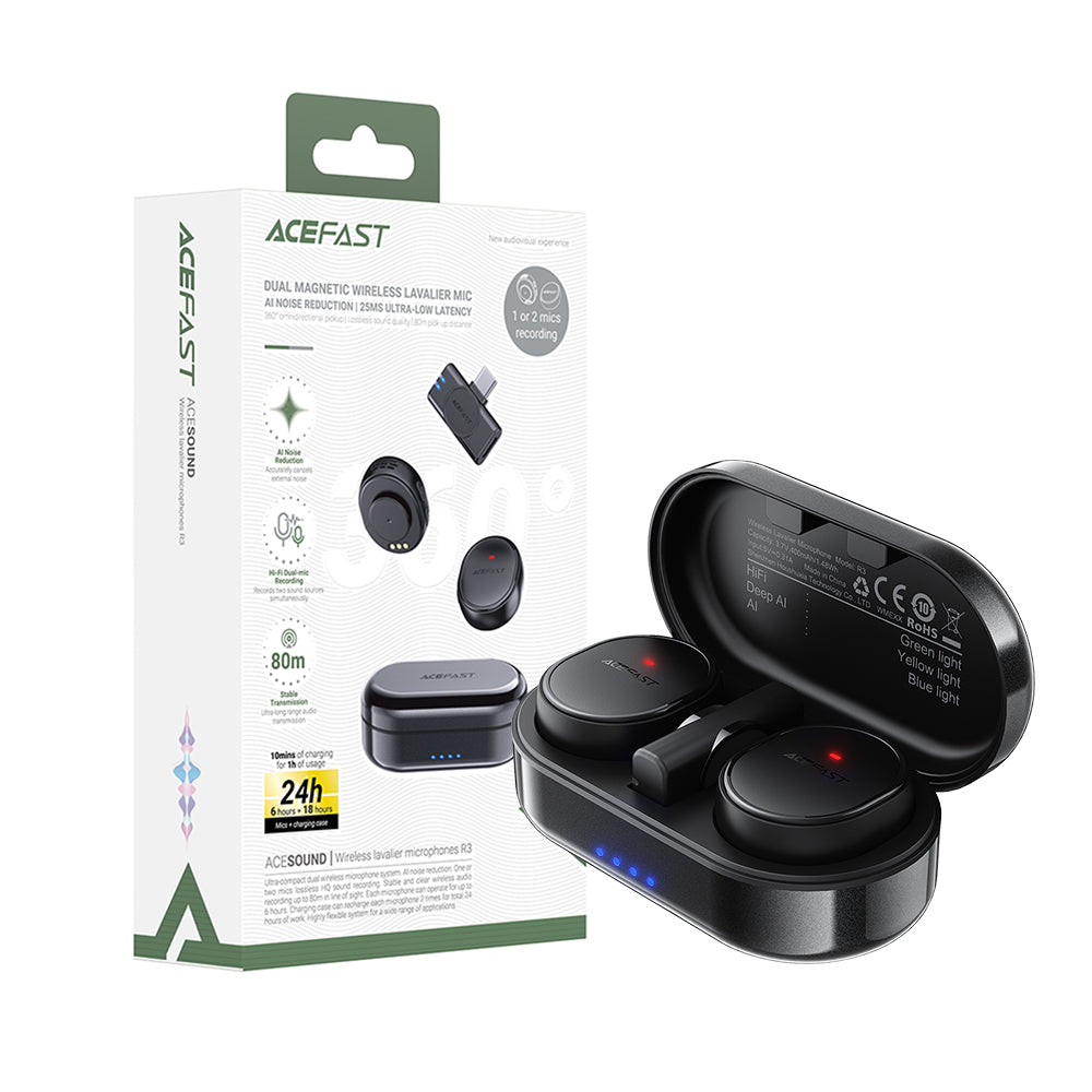 ACEFAST R3 Wireless Magnetic Lavalier Microphones - Black