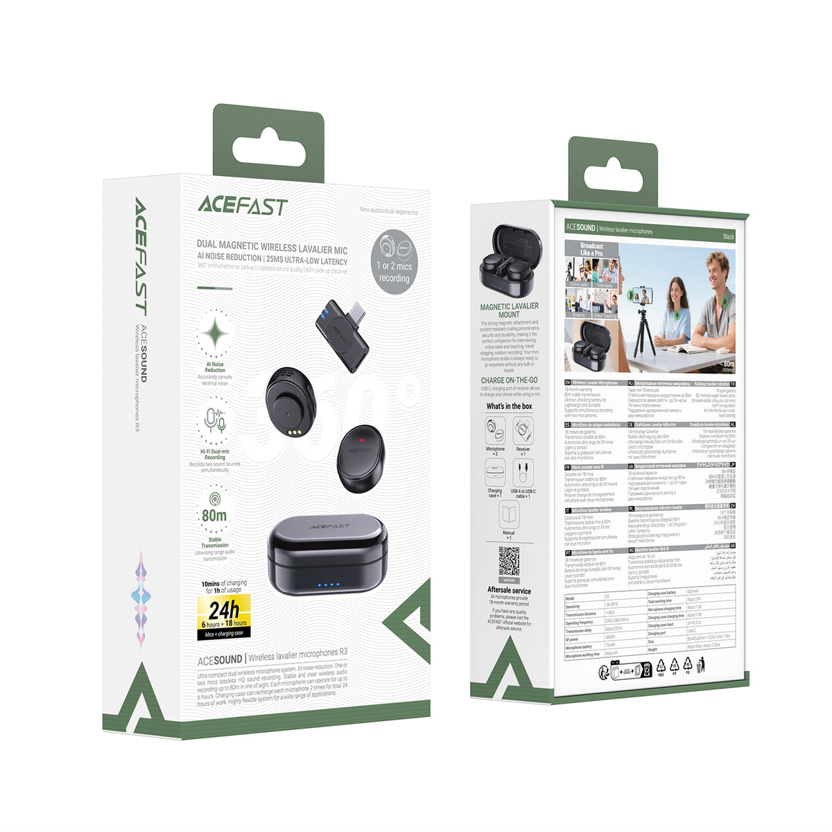 ACEFAST R3 Wireless Magnetic Lavalier Microphones - Black