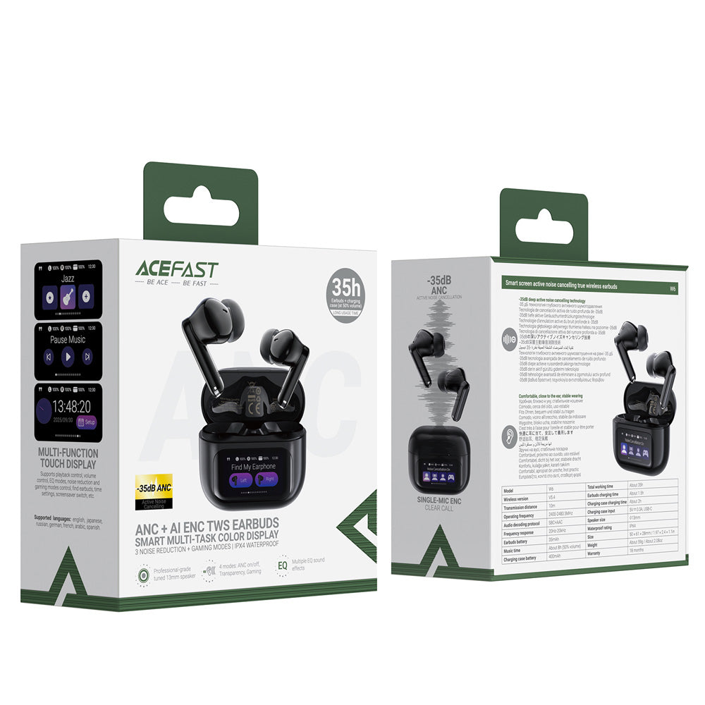 ACEFAST W6 Smart Screen Active Noise Cancelling TWS Bluetooth EarBuds -Black